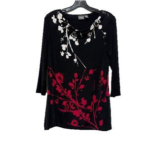 Chico’s Travelers 0/S Black Red Floral Cowl Neck 3/4 Sleeve Stretch Tunic Top